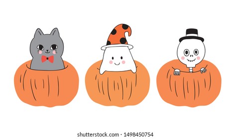 Cartoon cute Halloween, Cat and ghost and skeleton in big pumpkin vector.