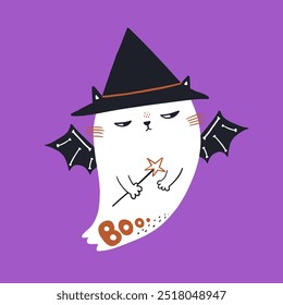 Cartoon cute halloween cat ghost illustration. Vector seasonal print with funny kitten. 