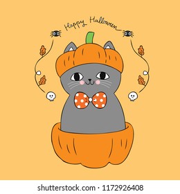Cartoon cute Halloween cat and pumpkin vector.