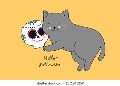 Cartoon cute Halloween cat sleeping and skull vector.