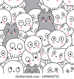 Cartoon cute Halloween, Cats and skeleton seamless pattern vector.