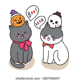 Cartoon cute Halloween day, Black cats trick or treat vector.