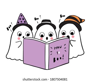 Cartoon cute Halloween day, Ghosts reading book vector.