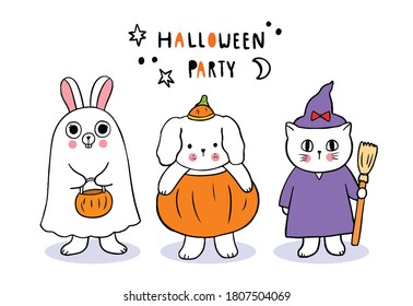 Cartoon cute Halloween day, Rabbit and Dog and cat trick or treat vector.