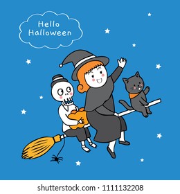  Cartoon cute Halloween day witch and skeleton and black cat flying broom vector.