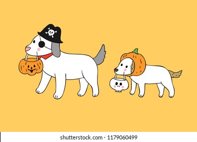 Cartoon cute Halloween dog trick or treat vector.