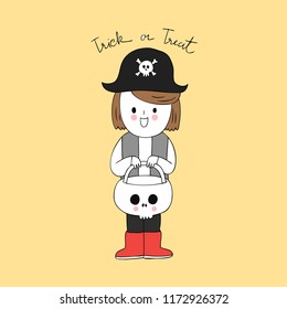 Cartoon cute Halloween evil girl  and big candy vector.
