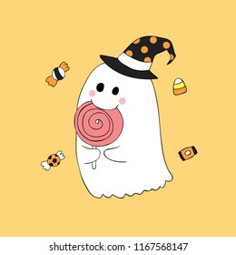 Cartoon cute Halloween ghost and candy vector.