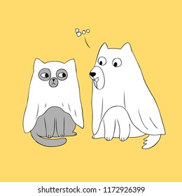 Cartoon Cute Halloween Ghost Cat And Dog Vector.