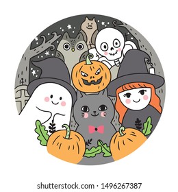 Cartoon cute Halloween, Ghost and cat and witch and skeleton and owl and bat and pumpkin at night vector.