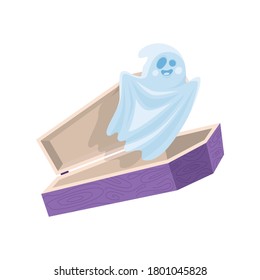 Cartoon cute halloween ghost fly out the coffin. Vector illustration. 