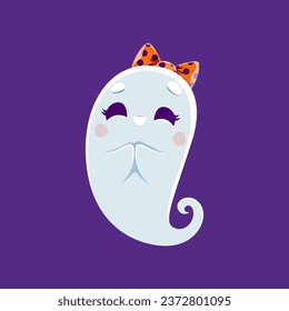 Cartoon cute Halloween ghost, kawaii monster character. Halloween holiday funny monster personage, cheerful baby girl ghost vector character, cute spirit with kawaii face with hair clip