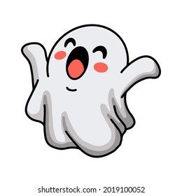 Cartoon cute halloween ghost raising hands