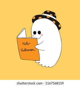Cartoon cute Halloween ghost reading a book  vector.