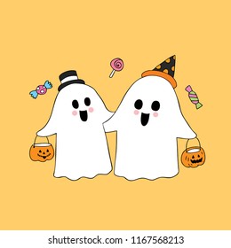 Cartoon cute Halloween ghosts and candy vector.