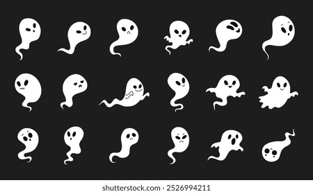 Desenhos animados bonito Halloween fantasmas iluminação. Imagem vetorial de fantasma, alma, espírito com brilho no fundo preto escuro. Dia das Bruxas, dia dos mortos, assustador para as crianças. Ilustração vetorial