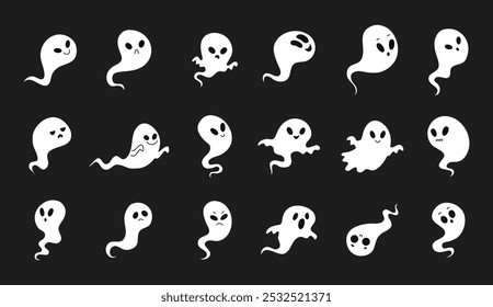 Desenhos animados bonito Halloween fantasmas iluminação. Imagem vetorial de fantasma, alma, espírito com brilho no fundo preto escuro. Dia das Bruxas, dia dos mortos, assustador para as crianças. Ilustração vetorial