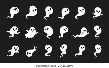 Desenhos animados bonito Halloween fantasmas iluminação. Imagem vetorial de fantasma, alma, espírito com brilho no fundo preto escuro. Dia das Bruxas, dia dos mortos, assustador para as crianças. Ilustração vetorial