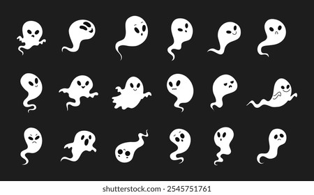 Cartoon cute Halloween ghosts lighting. Vector image of ghost, soul, spirit with glow on black dark background. Halloween, day of the dead, scary for kids. Vector illustration