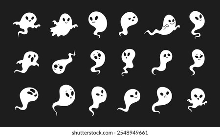 Desenhos animados bonito Halloween fantasmas iluminação. Imagem vetorial de fantasma, alma, espírito com brilho no fundo preto escuro. Dia das Bruxas, dia dos mortos, assustador para as crianças. Ilustração vetorial