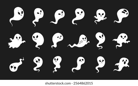 Cartoon cute Halloween ghosts lighting. Vector image of ghost, soul, spirit with glow on black dark background. Halloween, day of the dead, scary for kids. Vector illustration