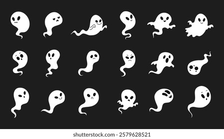 Cartoon cute Halloween ghosts lighting. Vector image of ghost, soul, spirit with glow on black dark background. Halloween, day of the dead, scary for kids. Vector illustration