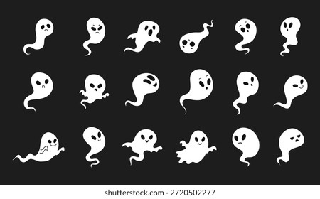 Cartoon niedlichen Halloween Geister Beleuchtung. Vektorbild von Geist, Seele, Geist mit Glanz auf schwarzem dunklem Hintergrund. Halloween, Tag der Toten, gruselig für Kinder. Vektorgrafik