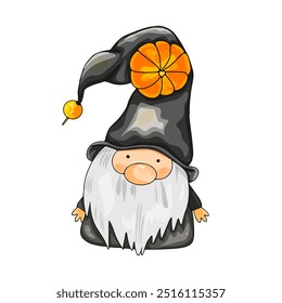 Cartoon cute Halloween gnome , pumpkin lantern, and creepy flying eyes. Isolated on a white background. Perfect for holiday designs and prints.