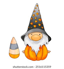 Cartoon cute Halloween gnome , pumpkin lantern, and creepy flying eyes. Isolated on a white background. Perfect for holiday designs and prints.