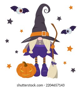 Cartoon Cute Halloween Gnome Witch Holding Broom, Pumpkin Lantern, And Creepy Flying Eyes. Isolated On White Background. Great For Holiday Design, Prints.