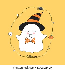 Cartoon cute Halloween happy ghost vector.