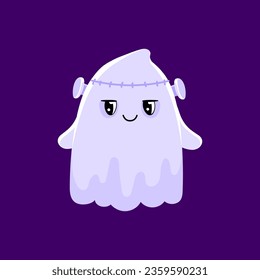 Cartoon cute Halloween kawaii ghost as Frankenstein monster, vector funny boo character. Halloween holiday horror night ghost in Frankenstein costume, spooky ghost or cute kawaii poltergeist character