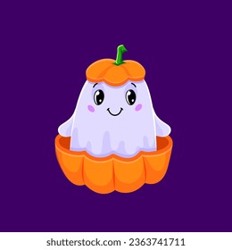 Cartoon cute Halloween kawaii ghost character peeks out from the ripe pumpkin. Isolated vector lovely spook prepare surprise. Baby phantom sitting in gourd radiating adorable charm and spooky fun