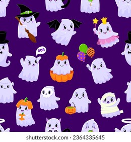 Cartoon cute Halloween kawaii ghost characters seamless pattern for holiday, vector background. Happy Halloween and trick or treat party pattern background with funny boo ghost vampire with balloons