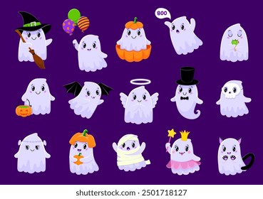 Cartoon cute Halloween kawaii ghost characters for horror holiday, vector funny boo. Halloween ghost with pumpkin, devil cat or witch and spooky princess, mummy and vampire bat costume with skull mask