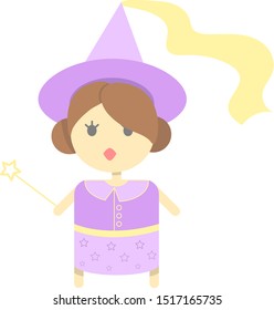 Cartoon cute halloween little witch in purple pastel colors, with brown hair with two buns, magic hat and a star shaped magic wand, vector graphics, vector illustration