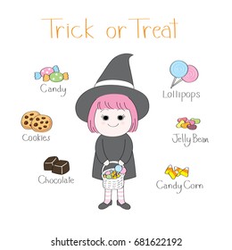 Cartoon cute halloween little witch girl.Trick or treat vector.