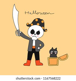 Cartoon cute Halloween pirate skeleton and black cat vector.