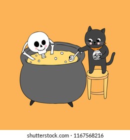 Cartoon Cute Halloween Skeleton And Black Cat Cooking Vector.