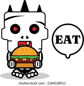 cartoon cute halloween skull autumn mascot character eating burger