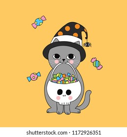 Cartoon cute Halloween witch cat and candy vector.