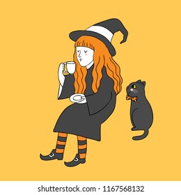 Cartoon cute Halloween witch drinking and cat vector.