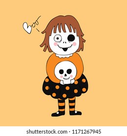 Cartoon cute Halloween zombie girl and skull vector.