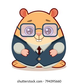 Cartoon cute hamster. Vector illustration. Isolated on white. Mascot. Funny office hamster in a suit and tie. Hipster, teenager. Rodent with glasses.