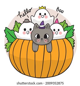 Cartoon cute hand draw black cat and ghosts in big pumpkin, Halloween day vector.