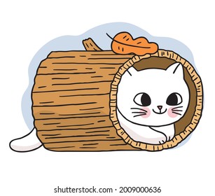 Cartoon cute hand draw cat in log, Autumn vector.