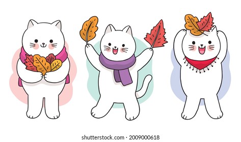 Cartoon cute hand draw cats and leaves set, Autumn vector.