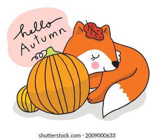 Cartoon cute hand draw fox sleep and big pumpkin vector.