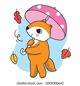 Cartoon cute hand draw fox and umbrella, Autumn vector.