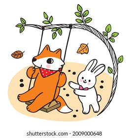 Cartoon cute hand draw fox and rabbit playing swing vector.